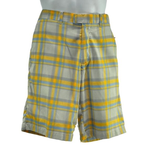 Callaway Shorts Golf Performance Flat Front Yellow Plaid Bermuda Men's Size 32 - Picture 1 of 9